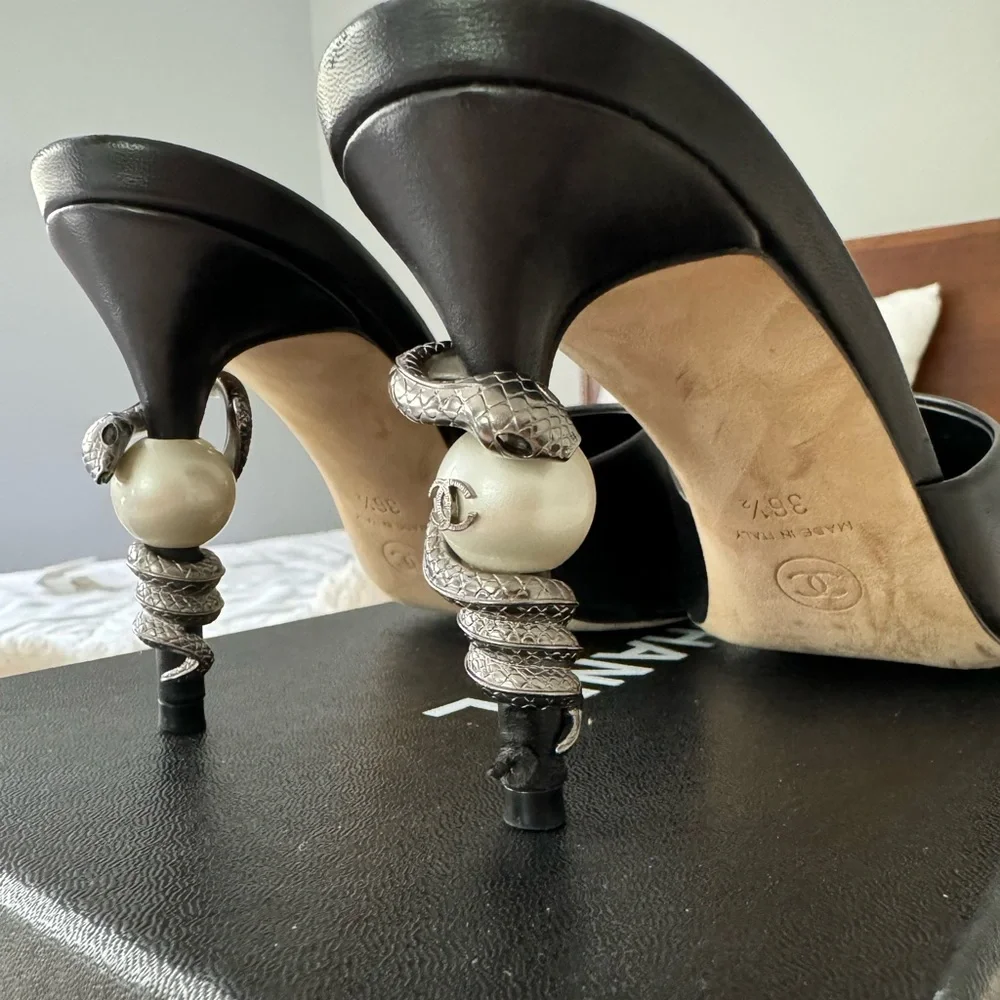 Black Chanel Interlocking CC Logo Mules with Faux Pearl and Snake Accents - Picture 5 of 9